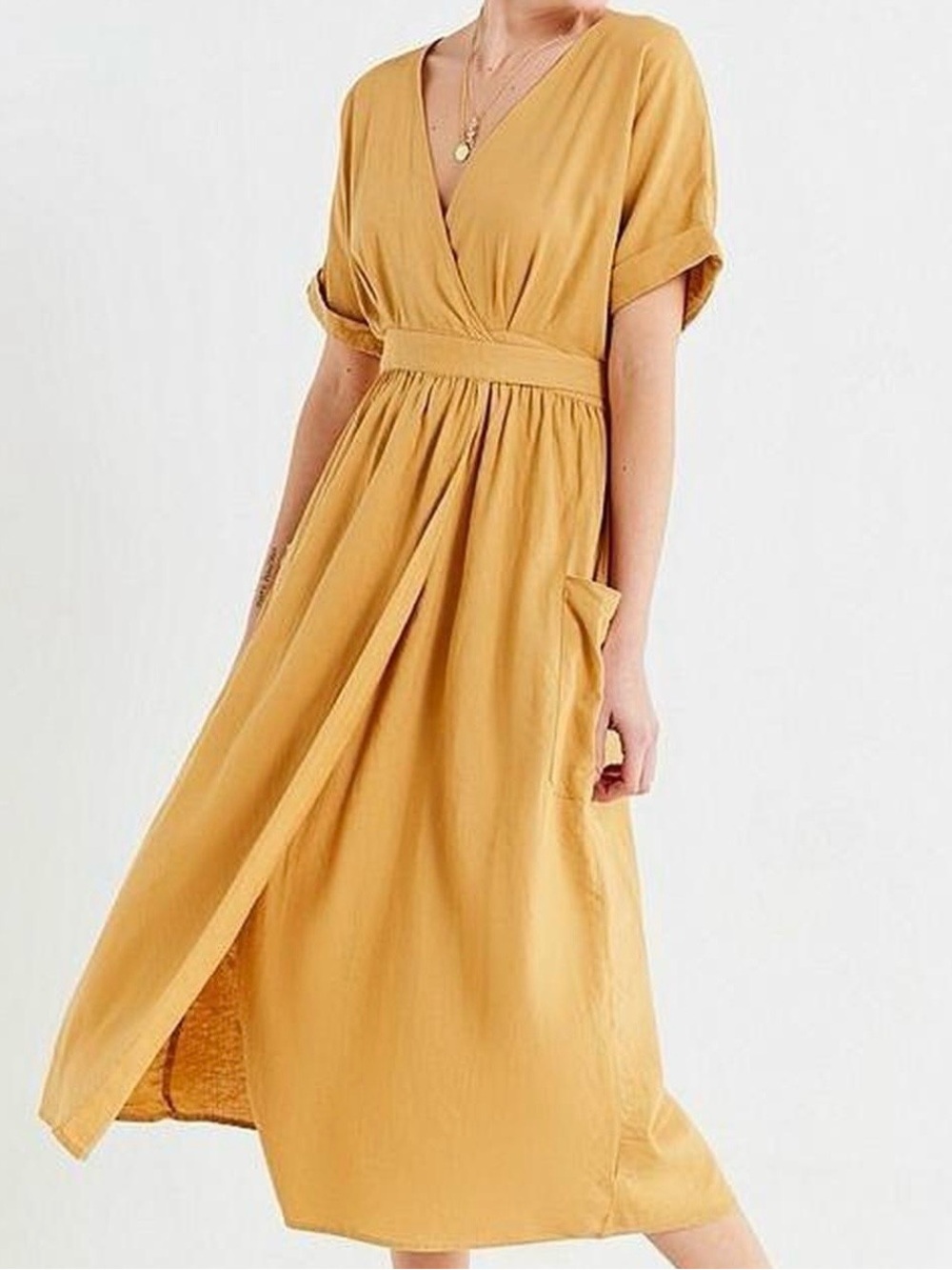 Urban Outfitters Mustard Linen Blend Wrap Midi Dress